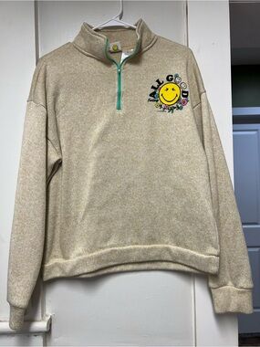 All Good Beige Quarter-Zip Sweater with Smiley Patch